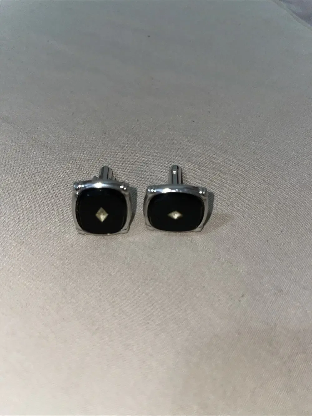 Vintage Cufflinks Silver In Color Black With Stone Great Gift. Signed Shields